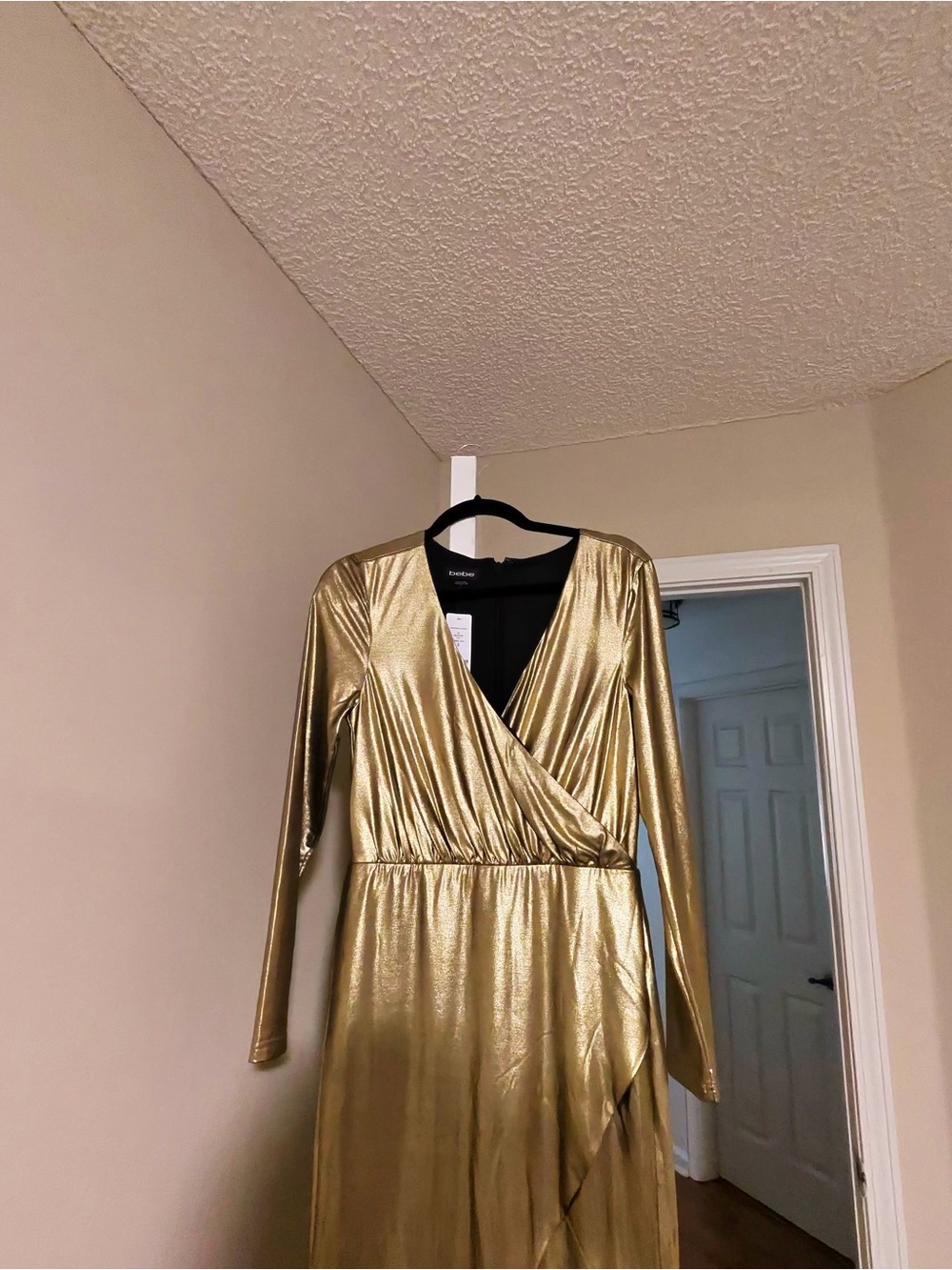bebe Metallic Gold Long Sleeve Wrap Maxi Dress